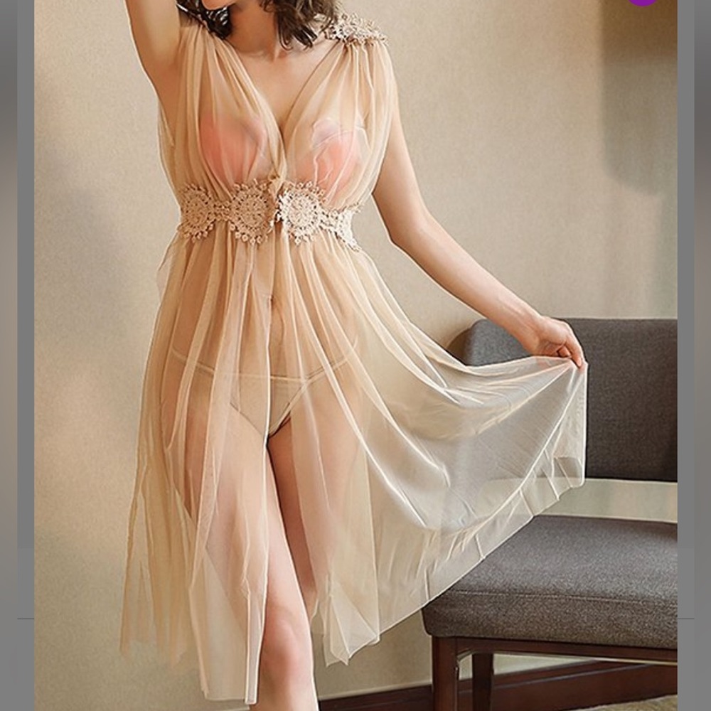 NWT Doris khaki sheer appliqué lace slit front gown and thong